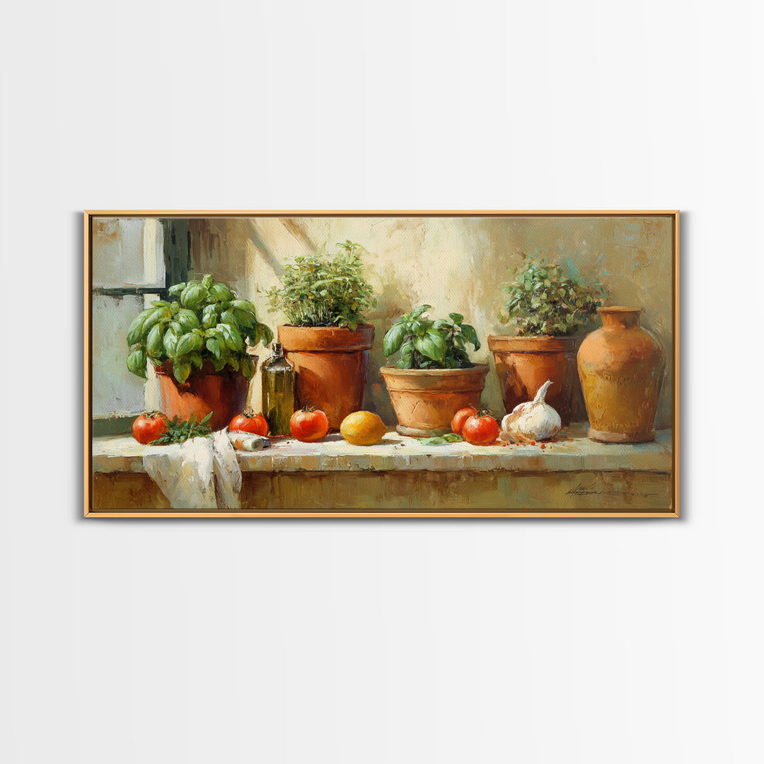 Fresh Herbs in Terracotta Pots Canvas Print, Kitchen Art, Wall Art, Kitchen Decor, Oil Painting, Kitchen, Kitchen Wall Art, KIT-2x1-21