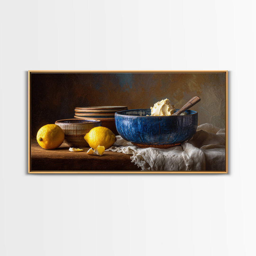 Lemons and Blue Ceramic Bowl Still Life Canvas Print, Kitchen Art, Boho Decor, Kitchen Decor, Fine Art, Kitchen, Wall Decor, KIT-2x1-22