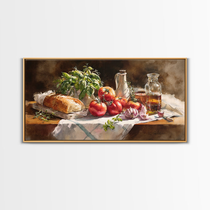 Tomatoes Garlic and Basil on Linen Framed Canvas Print, Kitchen Art, Print, Kitchen Decor, Abstract Art, Kitchen, KIT-2x1-23