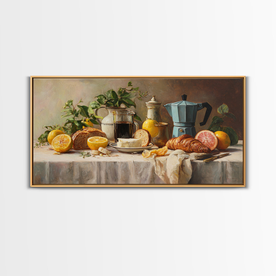 Coffee Pot and Croissant Morning Still Life Framed Canvas Print, Kitchen Art, Art Deco, Kitchen Decor, Fine Art, Kitchen, KIT-2x1-3