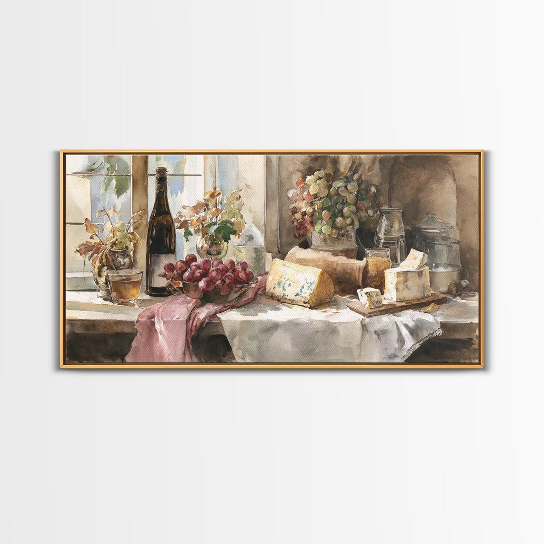 Wine Bottle Grapes and Cheese Still Life Canvas Print, Kitchen Art, Contemporary Art, Kitchen Decor, Oil Painting, Kitchen, KIT-2x1-32