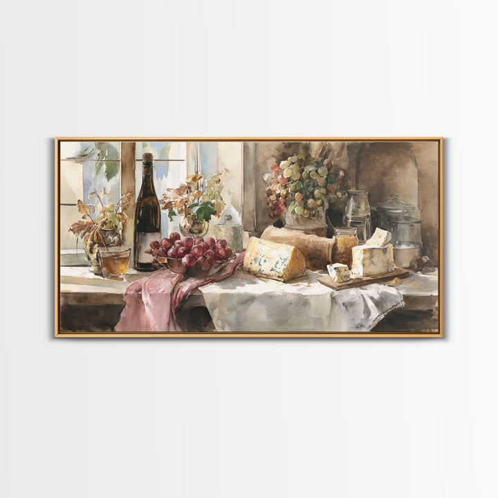 Wine Bottle Grapes and Cheese Still Life Canvas Print, Kitchen Art, Contemporary Art, Kitchen Decor, Oil Painting, Kitchen, KIT-2x1-32
