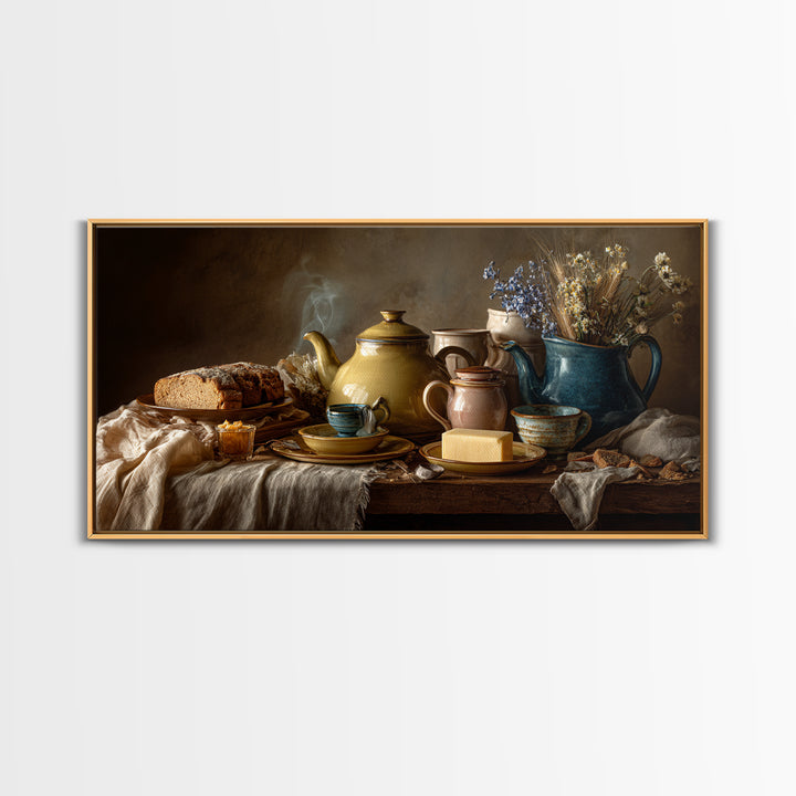 Tea Kettle with Steam and Wildflowers Framed Canvas Print, Kitchen Art, Art Print, Kitchen Decor, Watercolor Art, Kitchen, KIT-2x1-34