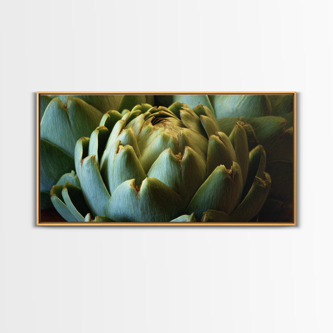 Artichoke Closeup in Painterly Green Tones Framed Canvas Print, Kitchen Art, Home Decor, Kitchen Decor, Fine Art, Kitchen, KIT-2x1-40