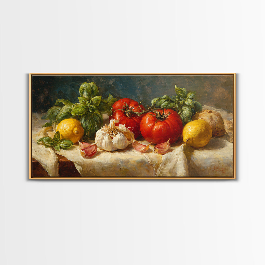 Tomatoes Garlic and Basil on Linen Canvas Print, Kitchen Art, Kitchen Decor, Abstract Art, Kitchen, Trendy Wall Art, KIT-2x1-47