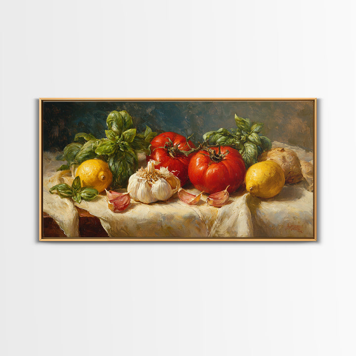 Tomatoes Garlic and Basil on Linen Canvas Print, Kitchen Art, Kitchen Decor, Abstract Art, Kitchen, Trendy Wall Art, KIT-2x1-47