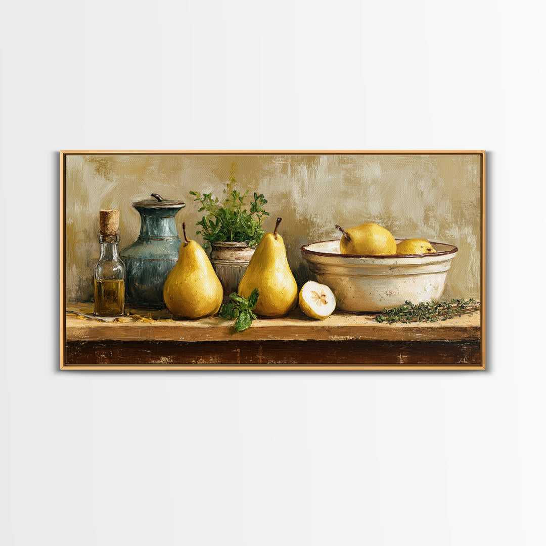 Farmhouse Pears on a Wooden Board Canvas Print, Kitchen Art, Digital Art, Kitchen Decor, Oil Painting, Kitchen, KIT-2x1-53