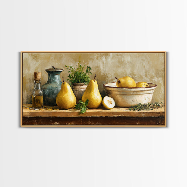 Farmhouse Pears on a Wooden Board Canvas Print, Kitchen Art, Digital Art, Kitchen Decor, Oil Painting, Kitchen, KIT-2x1-53
