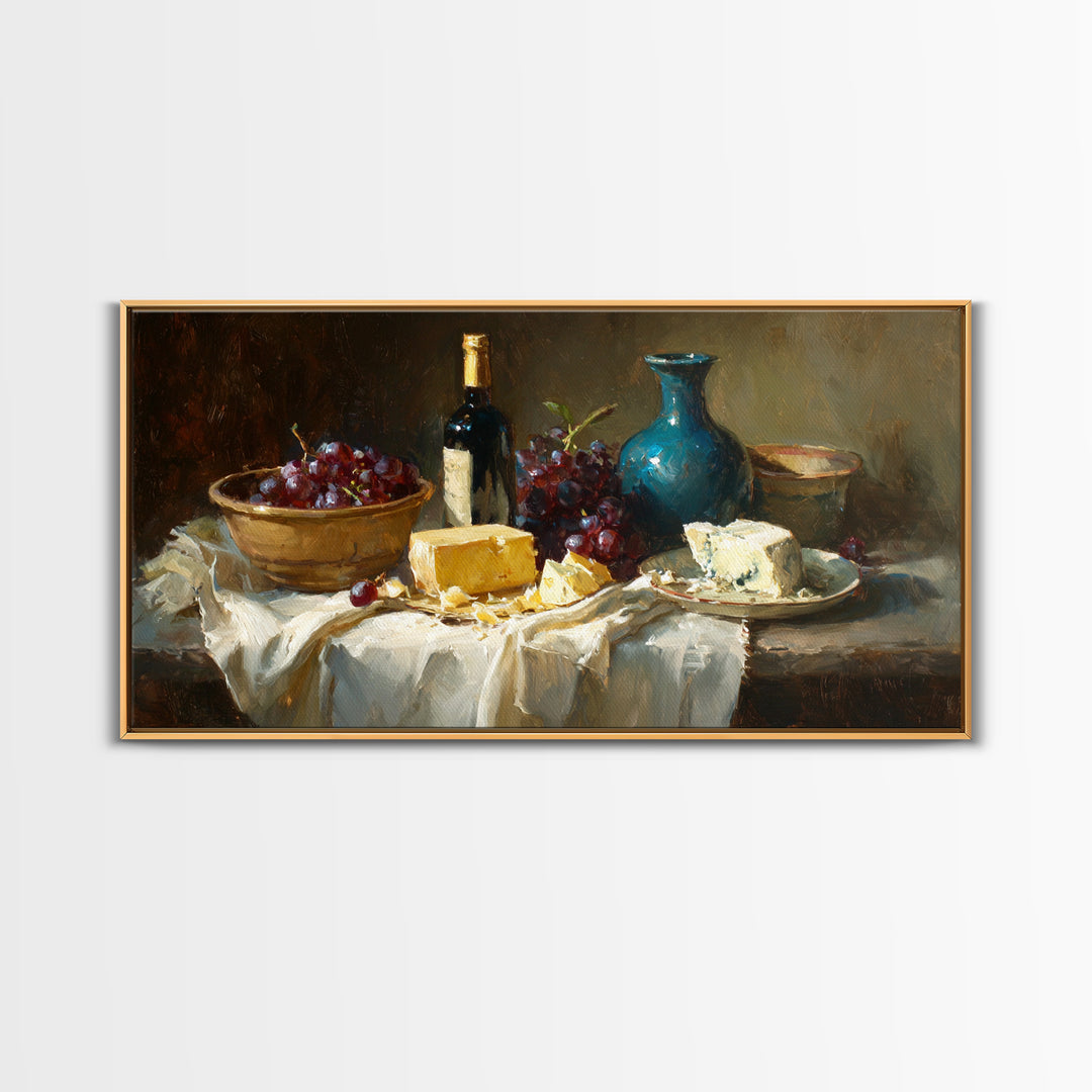 Wine Bottle Grapes and Cheese Still Life Framed Canvas Print, Kitchen Art, Prints, Kitchen Decor, Kitchen, Kitchen Wall Decor, KIT-2x1-56