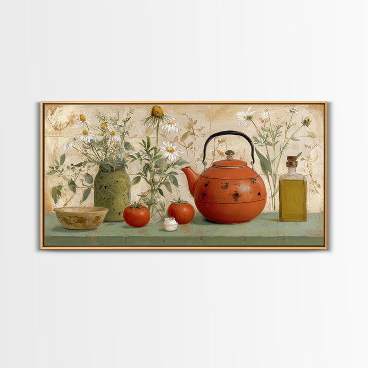 Tea Kettle with Steam and Wildflowers Canvas Print, Kitchen Art, Wall Art, Kitchen Decor, Watercolor Art, Kitchen, KIT-2x1-58