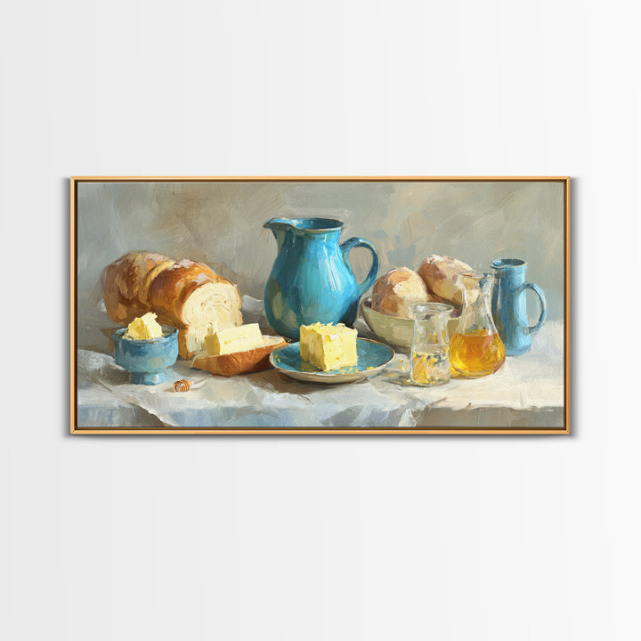 Fresh Bread with Butter and Honey Canvas Print, Kitchen Art, Room Decor, Kitchen Decor, Oil Painting, Kitchen, Digital Art, KIT-2x1-62