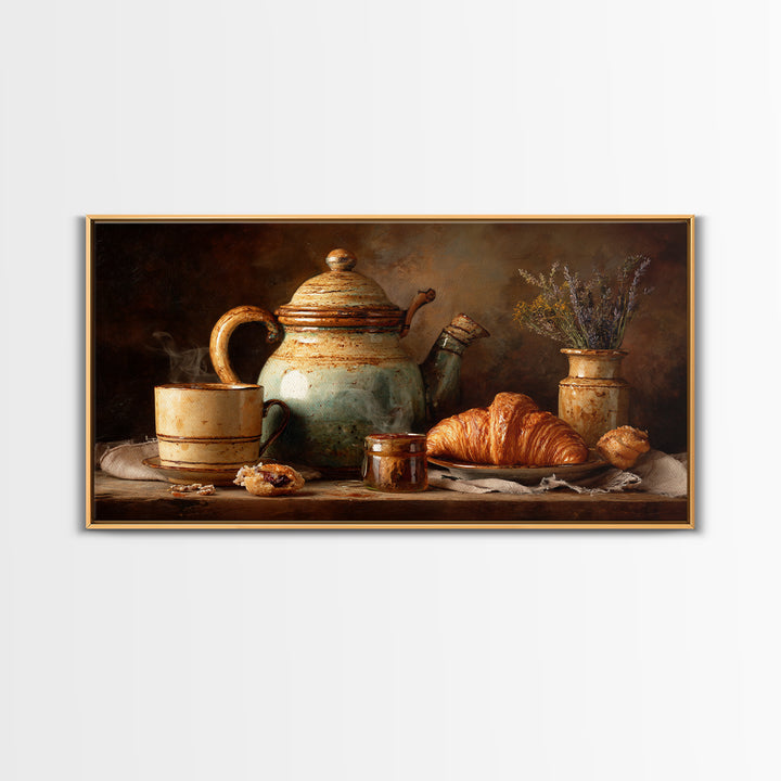 Coffee Pot and Croissant Morning Still Life Framed Canvas Print, Kitchen Art, Boho Decor, Kitchen Decor, Fine Art, Kitchen, KIT-2x1-75