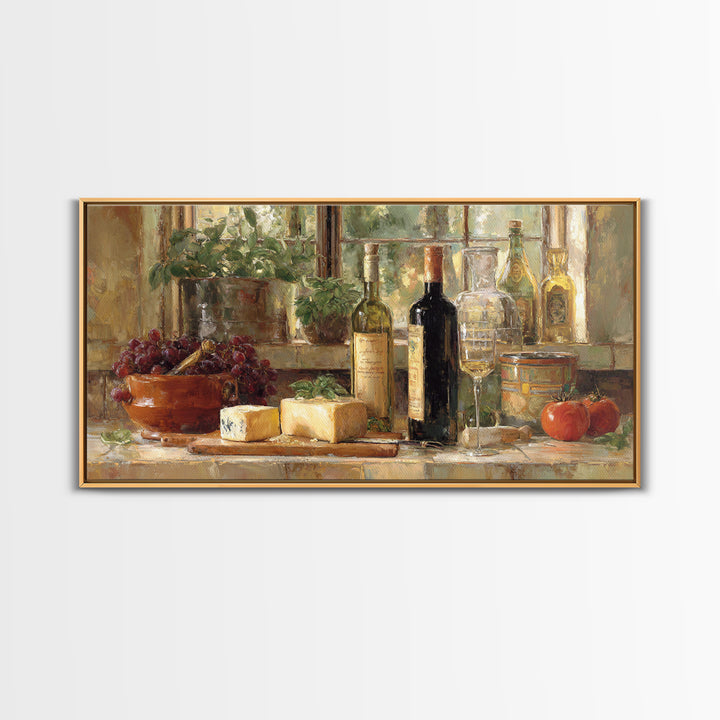 Wine Bottle Grapes and Cheese Still Life Framed Canvas Print, Kitchen Art, Kitchen Decor, Fine Art, Kitchen, Kitchen Art Print, KIT-2x1-80