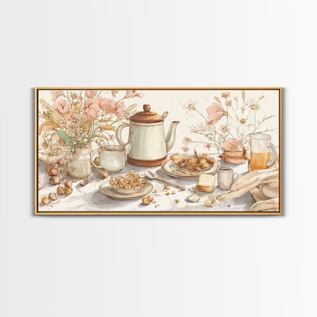 Tea Kettle with Steam and Wildflowers Canvas Print, Kitchen Art, Wall Art, Kitchen Decor, Watercolor Art, Kitchen, KIT-2x1-82