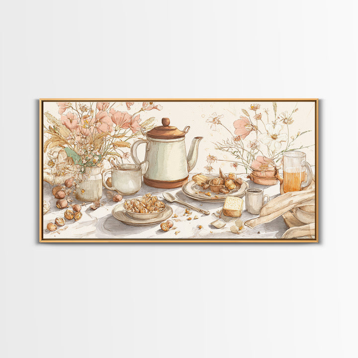 Tea Kettle with Steam and Wildflowers Canvas Print, Kitchen Art, Wall Art, Kitchen Decor, Watercolor Art, Kitchen, KIT-2x1-82