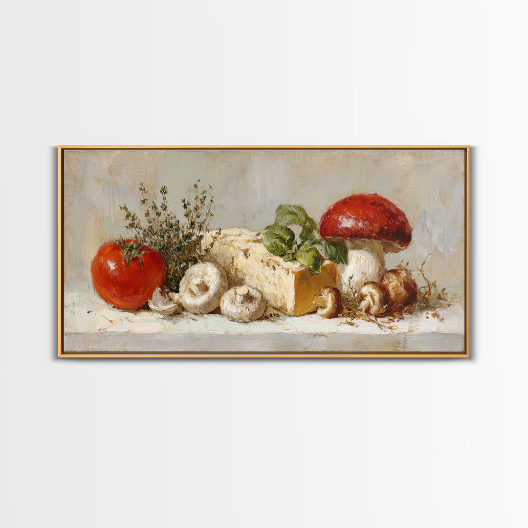 Mushrooms and Thyme Botanical Study Framed Canvas Print, Kitchen Art, Contemporary Art, Kitchen Decor, Oil Painting, Kitchen, KIT-2x1-83
