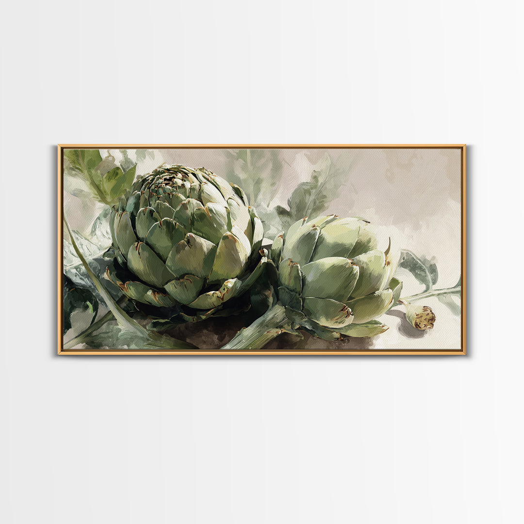 Artichoke Closeup in Painterly Green Tones Framed Canvas Print, Kitchen Art, Kitchen Wall Art, Kitchen Decor, Fine Art, Kitchen, KIT-2x1-88