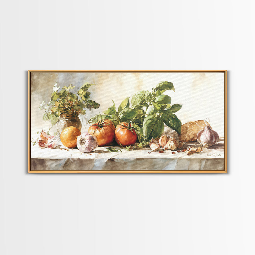 Tomatoes Garlic and Basil on Linen Framed Canvas Print, Kitchen Art, Kitchen Art Print, Kitchen Decor, Fine Art, Kitchen, KIT-2x1-95