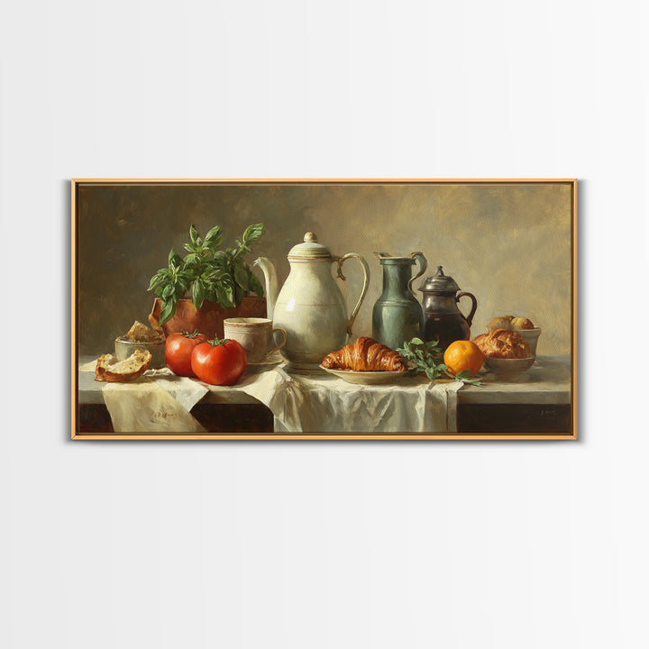 Coffee Pot and Croissant Morning Still Life Framed Canvas Print, Kitchen Art, Printable Art, Kitchen Decor, Fine Art, Kitchen, KIT-2x1-99