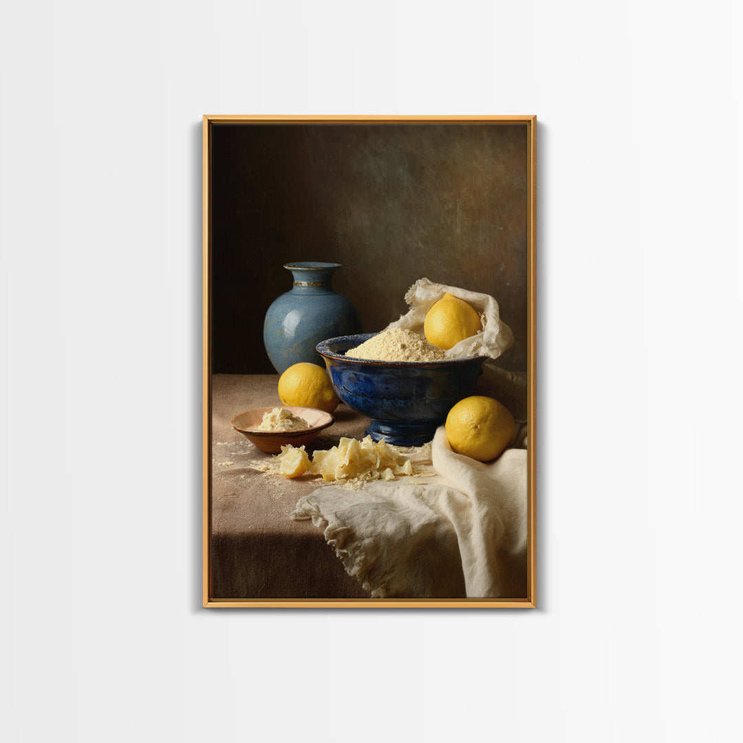 Lemons and Blue Ceramic Bowl Still Life Canvas Print, Kitchen Art, Luxury Decor, Kitchen Decor, Fine Art, Kitchen, Art Prints, KIT-2x3-10