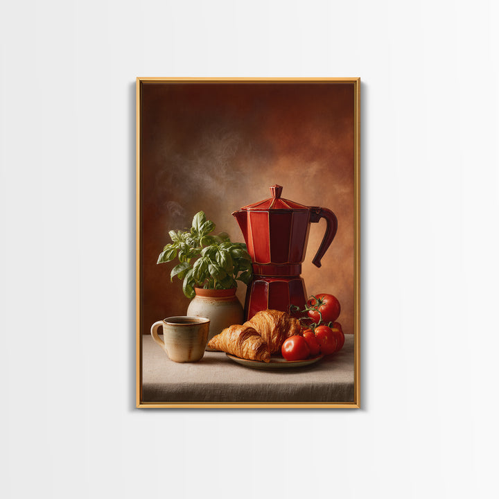 Coffee Pot and Croissant Morning Still Life Canvas Print, Kitchen Art, Gallery Decor, Kitchen Decor, Fine Art, Kitchen, KIT-2x3-15