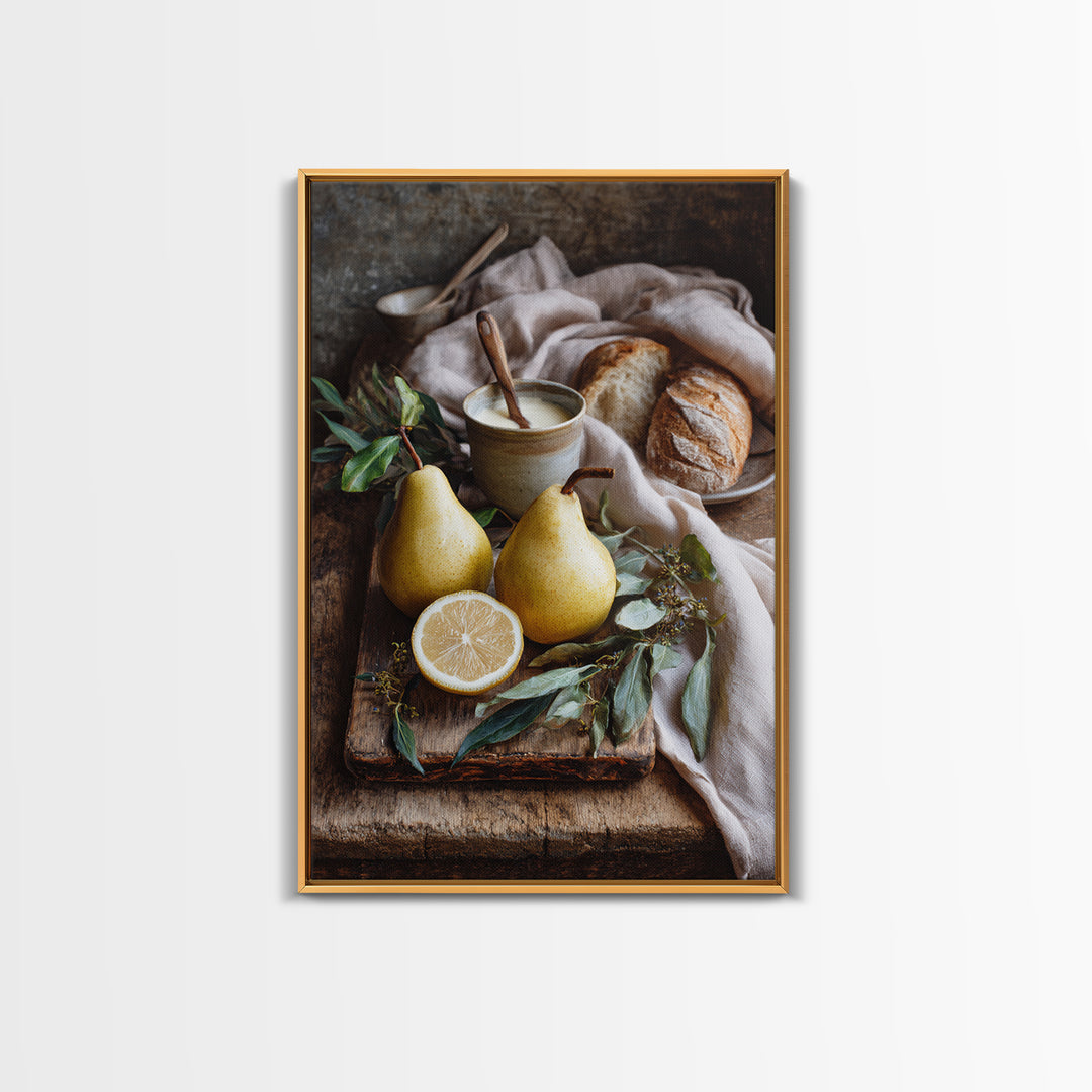 Farmhouse Pears on a Wooden Board Framed Canvas Print, Kitchen Art, Wall Decor, Kitchen Decor, Abstract Art, Kitchen, KIT-2x3-17