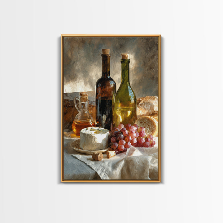 Wine Bottle Grapes and Cheese Still Life Framed Canvas Print, Kitchen Art, Print, Kitchen Decor, Oil Painting, Kitchen, KIT-2x3-20