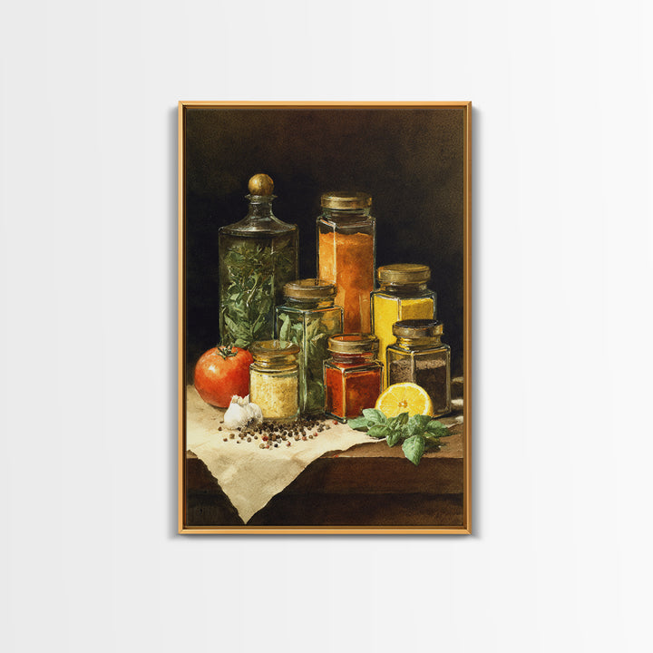 Watercolor Spice Jars Without Readable Labels Framed Canvas Print, Kitchen Art, Kitchen Decor, Oil Painting, Kitchen, KIT-2x3-21
