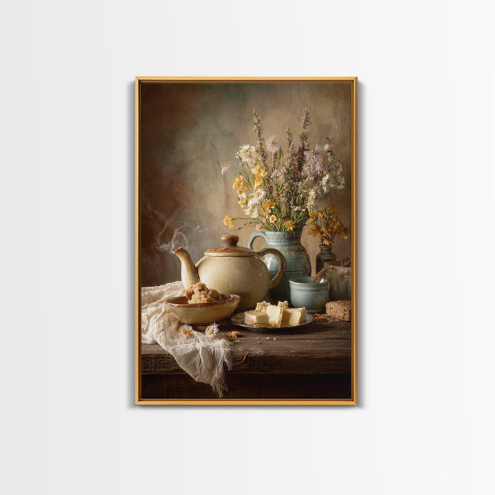 Tea Kettle with Steam and Wildflowers Framed Canvas Print, Kitchen Art, Textured Painting, Kitchen Decor, Fine Art, Kitchen, KIT-2x3-22