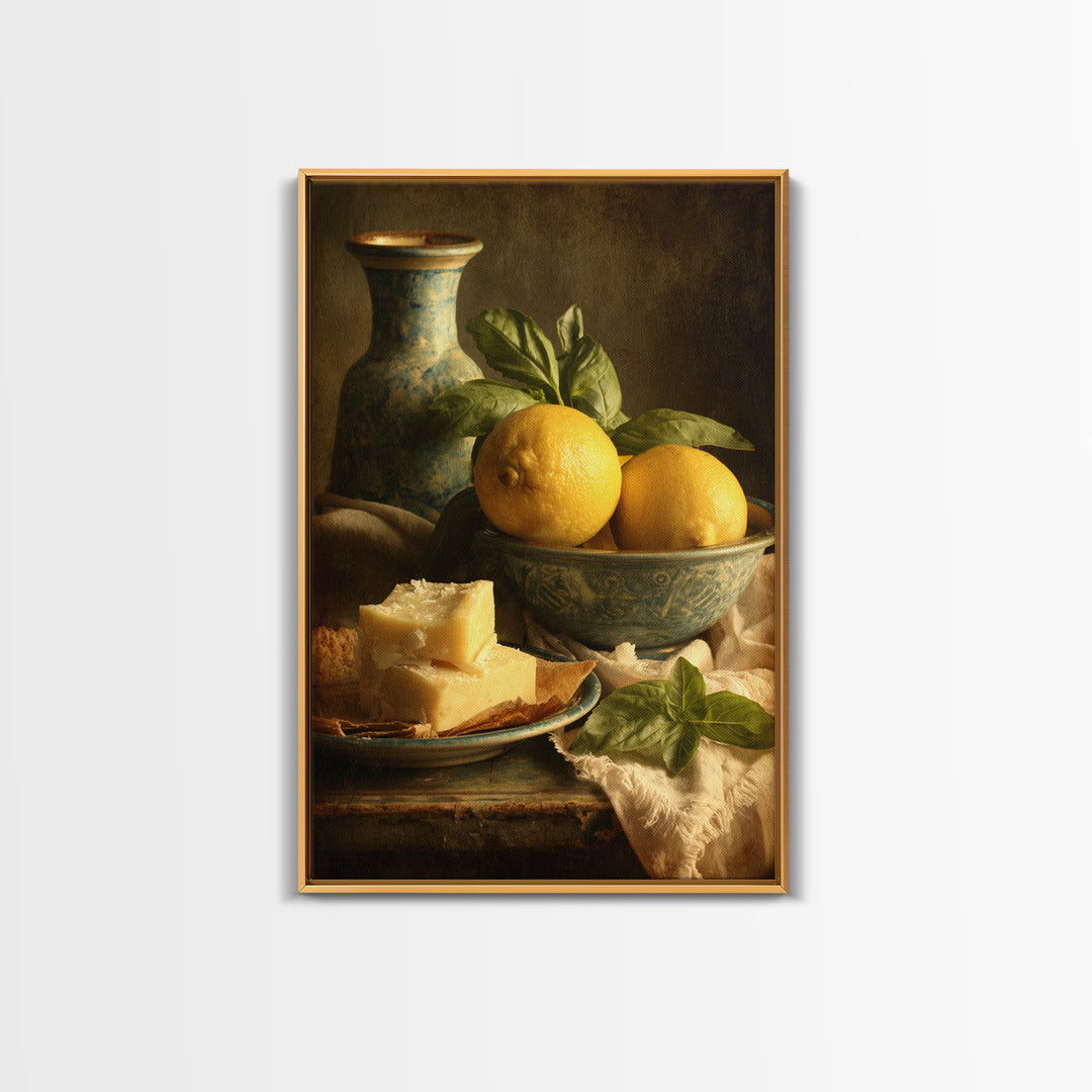 Pasta Lemons and Basil Mediterranean Still Life Framed Canvas Print, Kitchen Art, Wall Art, Kitchen Decor, Fine Art, Kitchen, KIT-2x3-25