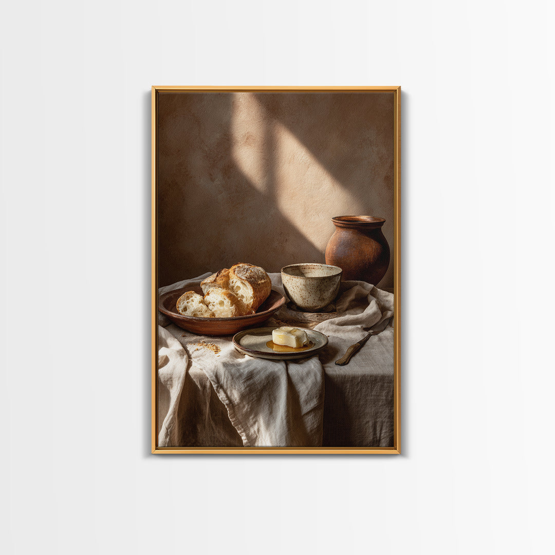 Fresh Bread with Butter and Honey Framed Canvas Print, Kitchen Art, Boho Decor, Kitchen Decor, Abstract Art, Kitchen, KIT-2x3-26