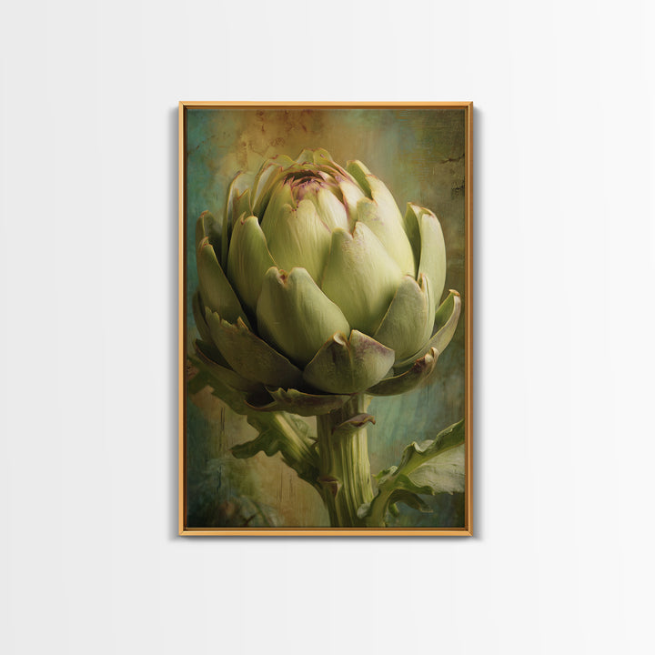 Artichoke Closeup in Painterly Green Tones Framed Canvas Print, Kitchen Art, Digital Print, Kitchen Decor, Fine Art, Kitchen, KIT-2x3-28