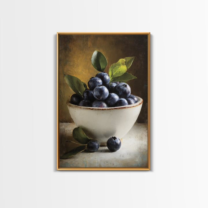 Blueberries in a White Bowl Framed Canvas Print, Kitchen Art, Coffee Print, Kitchen Decor, Fine Art, Kitchen, Textured Painting, KIT-2x3-3