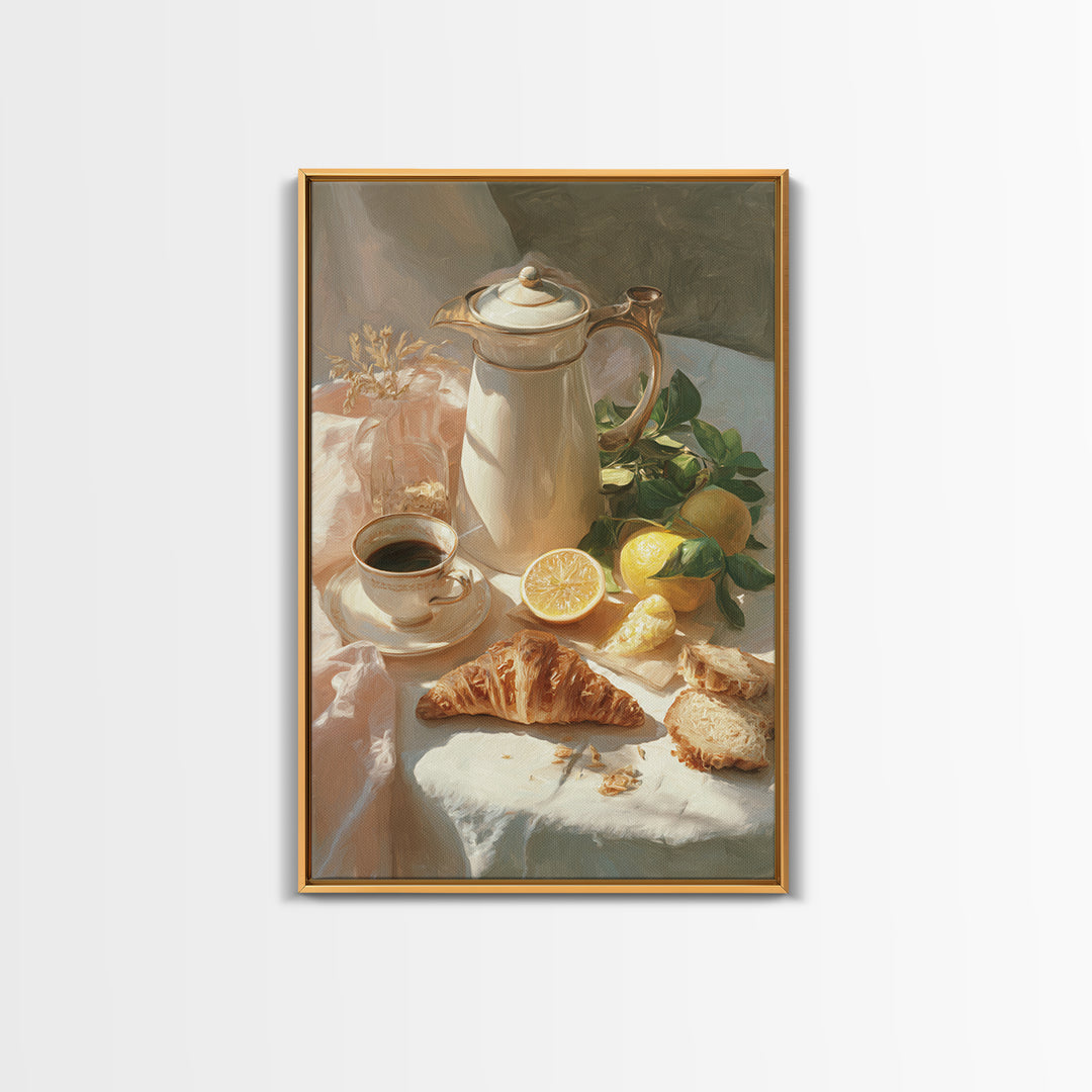 Coffee Pot and Croissant Morning Still Life Canvas Print, Kitchen Art, Minimalist Decor, Kitchen Decor, Fine Art, Kitchen, KIT-2x3-39