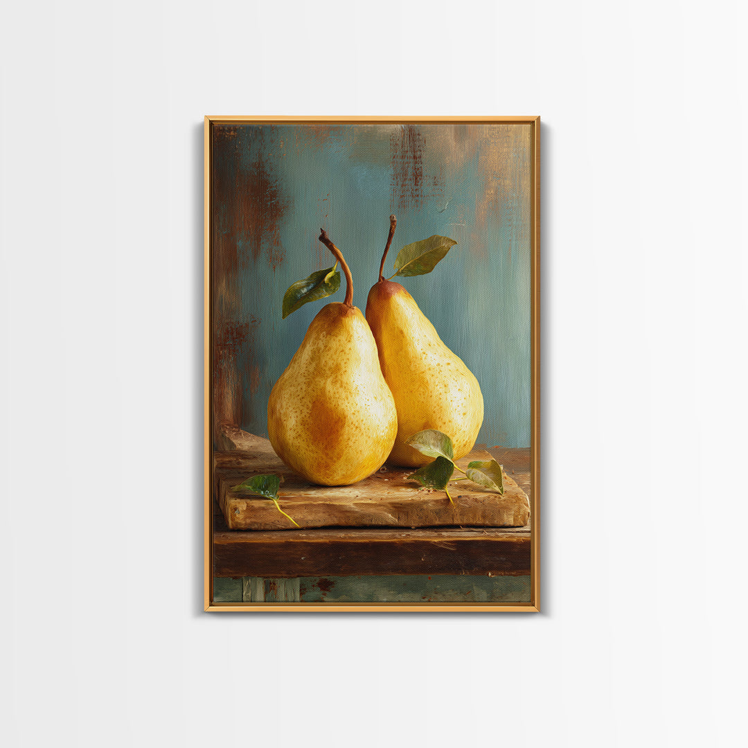 Farmhouse Pears on a Wooden Board Framed Canvas Print, Kitchen Art, Wall Decor, Kitchen Decor, Abstract Art, Kitchen, KIT-2x3-41