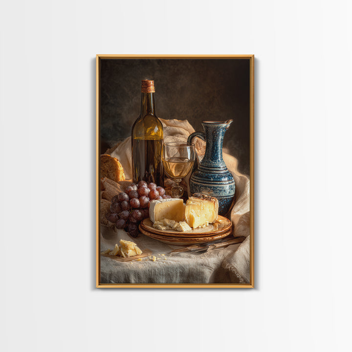 Wine Bottle Grapes and Cheese Still Life Framed Canvas Print, Kitchen Art, Kitchen Art Print, Kitchen Decor, Watercolor Art, KIT-2x3-44