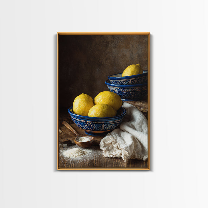 Lemons and Blue Ceramic Bowl Still Life Canvas Print, Kitchen Art, Prints, Kitchen Decor, Fine Art, Kitchen, Kitchen Wall Decor, KIT-2x3-58