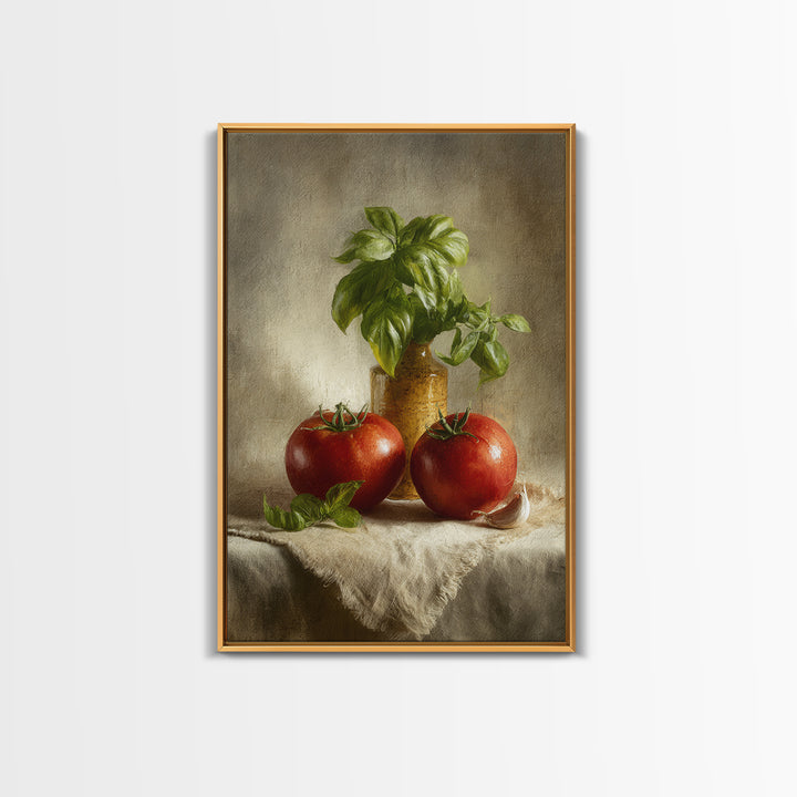 Tomatoes Garlic and Basil on Linen Framed Canvas Print, Kitchen Art, Kitchen, Kitchen Decor, Abstract Art, Kitchen, KIT-2x3-59