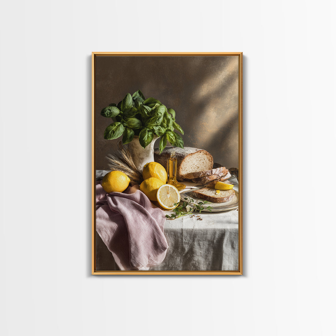 Pasta Lemons and Basil Mediterranean Still Life Framed Canvas Print, Kitchen Art, Kitchen Decor, Kitchen, Trendy Wall Art, KIT-2x3-73