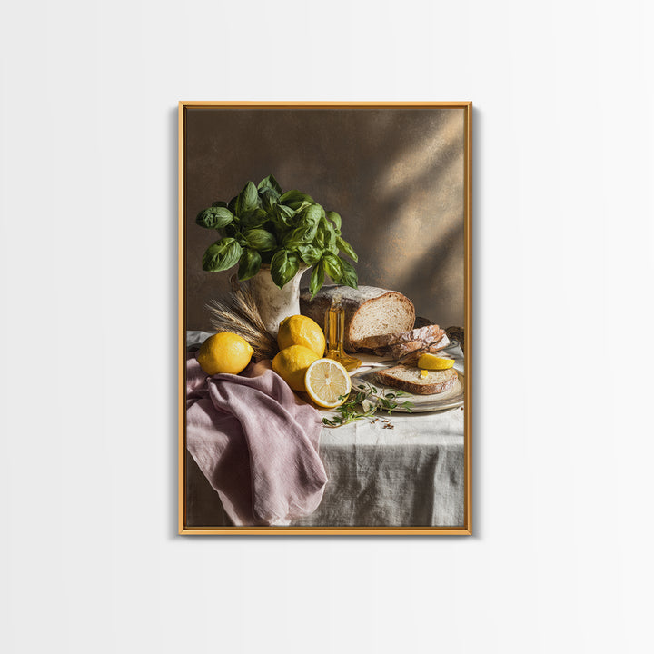 Pasta Lemons and Basil Mediterranean Still Life Framed Canvas Print, Kitchen Art, Kitchen Decor, Kitchen, Trendy Wall Art, KIT-2x3-73