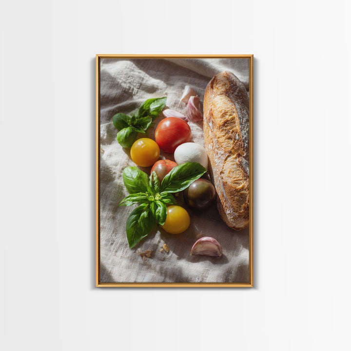 Tomatoes Garlic and Basil on Linen Framed Canvas Print, Kitchen Art, Printable Art, Kitchen Decor, Fine Art, Kitchen, KIT-2x3-83