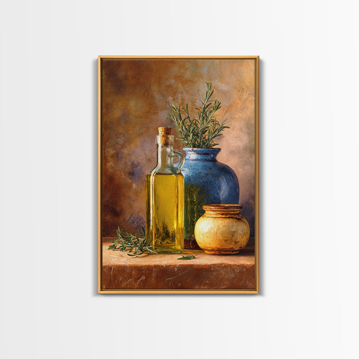 Olive Oil Bottle and Rosemary Branch Framed Canvas Print, Kitchen Art, Printable Art, Kitchen Decor, Oil Painting, Kitchen, KIT-2x3-85