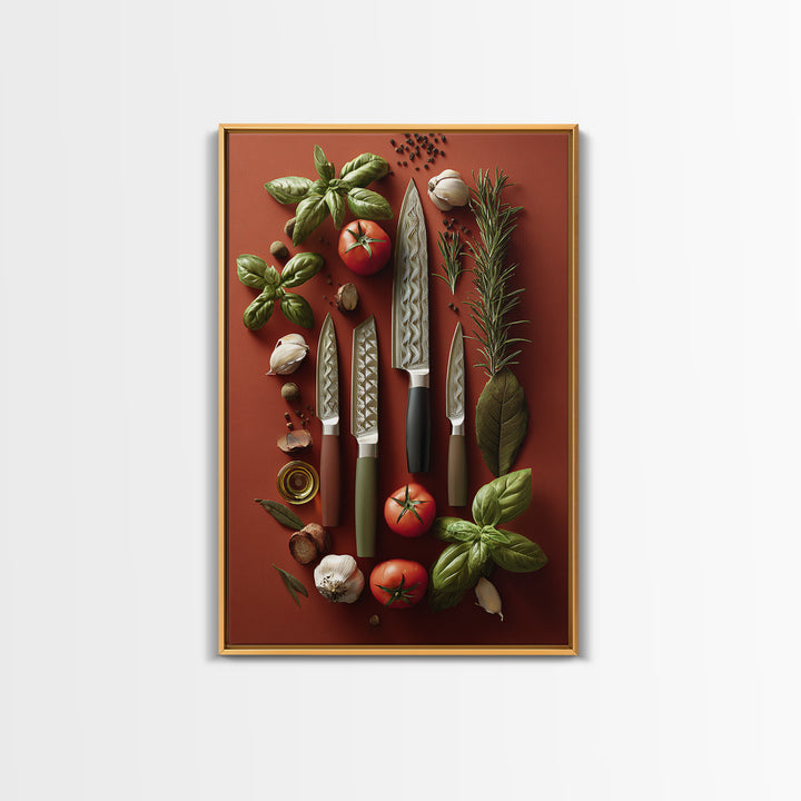 Chef Knives and Herbs Arranged as Graphic Framed Canvas Print, Kitchen Art, Art Prints, Kitchen Decor, Fine Art, Kitchen, KIT-2x3-90