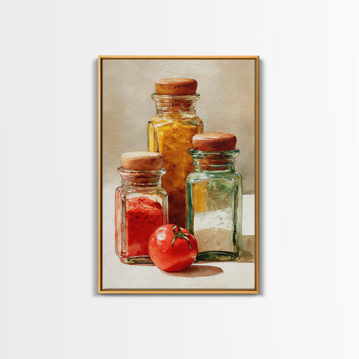 Watercolor Spice Jars Without Readable Labels Framed Canvas Print, Kitchen Art, Art Deco, Kitchen Decor, Fine Art, Kitchen, KIT-2x3-93