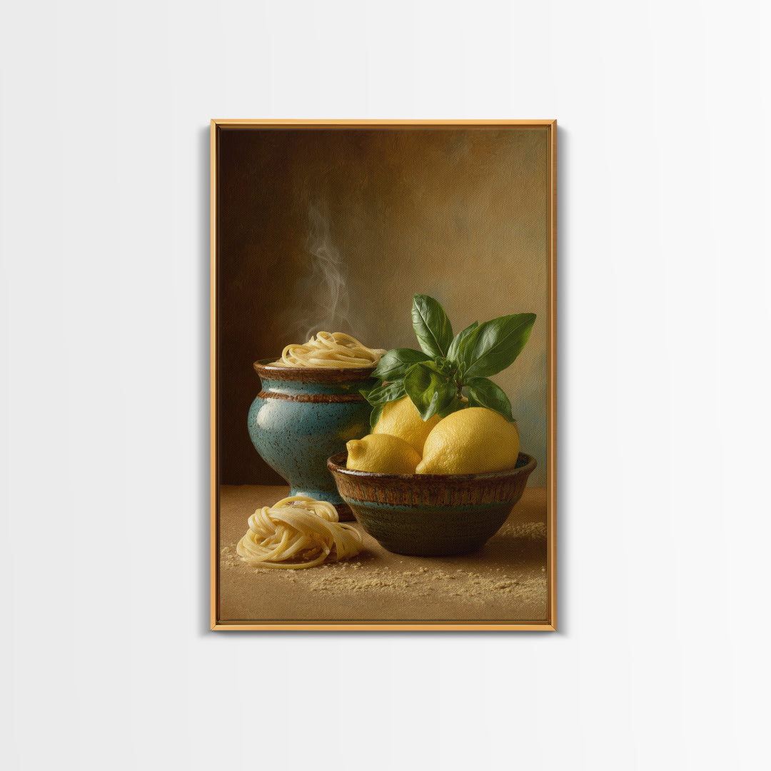 Pasta Lemons and Basil Mediterranean Still Life Framed Canvas Print, Kitchen Art, Kitchen Decor, Kitchen, Trendy Wall Art, KIT-2x3-97