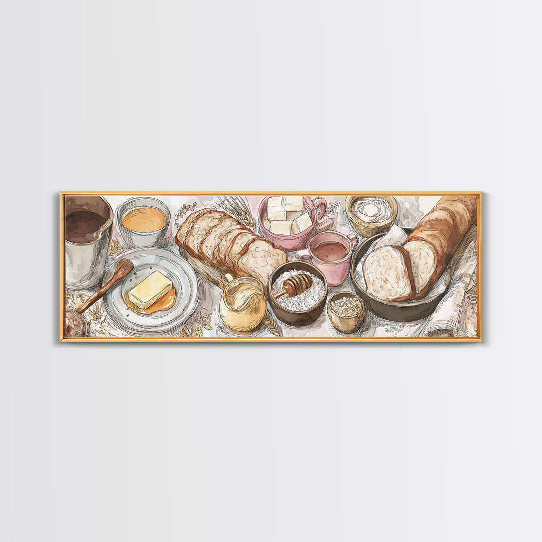 Fresh Bread with Butter and Honey Framed Canvas Print, Kitchen Art, Home Decor, Kitchen Decor, Fine Art, Kitchen, Digital Print, KIT-3x1-10