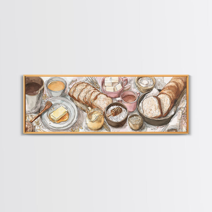 Fresh Bread with Butter and Honey Framed Canvas Print, Kitchen Art, Home Decor, Kitchen Decor, Fine Art, Kitchen, Digital Print, KIT-3x1-10