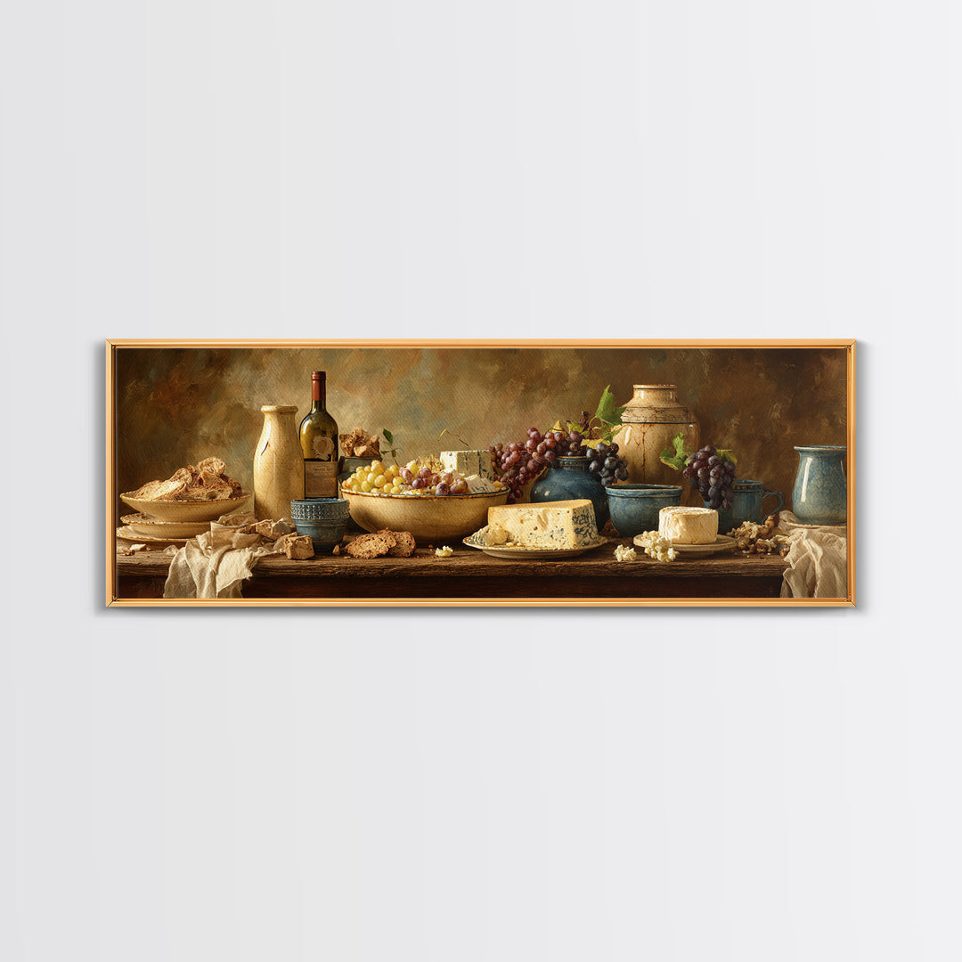 Wine Bottle Grapes and Cheese Still Life Canvas Print, Kitchen Art, Modern Decor, Kitchen Decor, Abstract Art, Kitchen, KIT-3x1-100