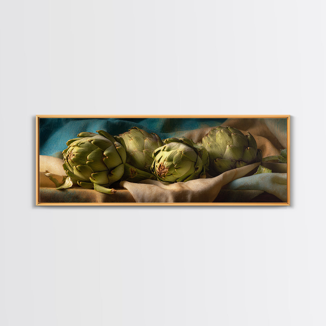 Artichoke Closeup in Painterly Green Tones Framed Canvas Print, Kitchen Art, Trendy Wall Art, Kitchen Decor, Fine Art, Kitchen, KIT-3x1-12