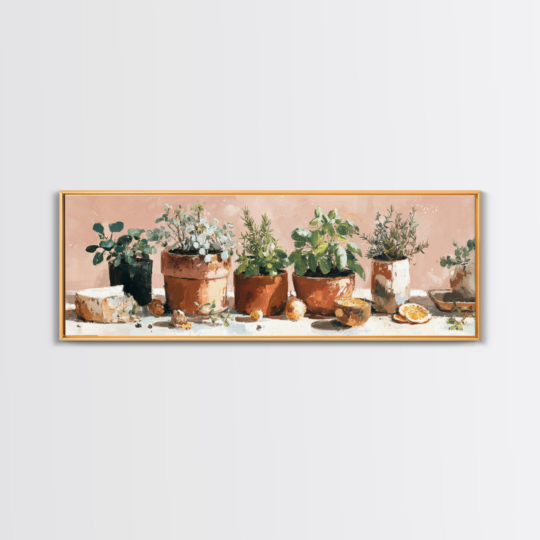 Fresh Herbs in Terracotta Pots Framed Canvas Print, Kitchen Art, Kitchen Wall Decor, Kitchen Decor, Fine Art, Kitchen, KIT-3x1-17